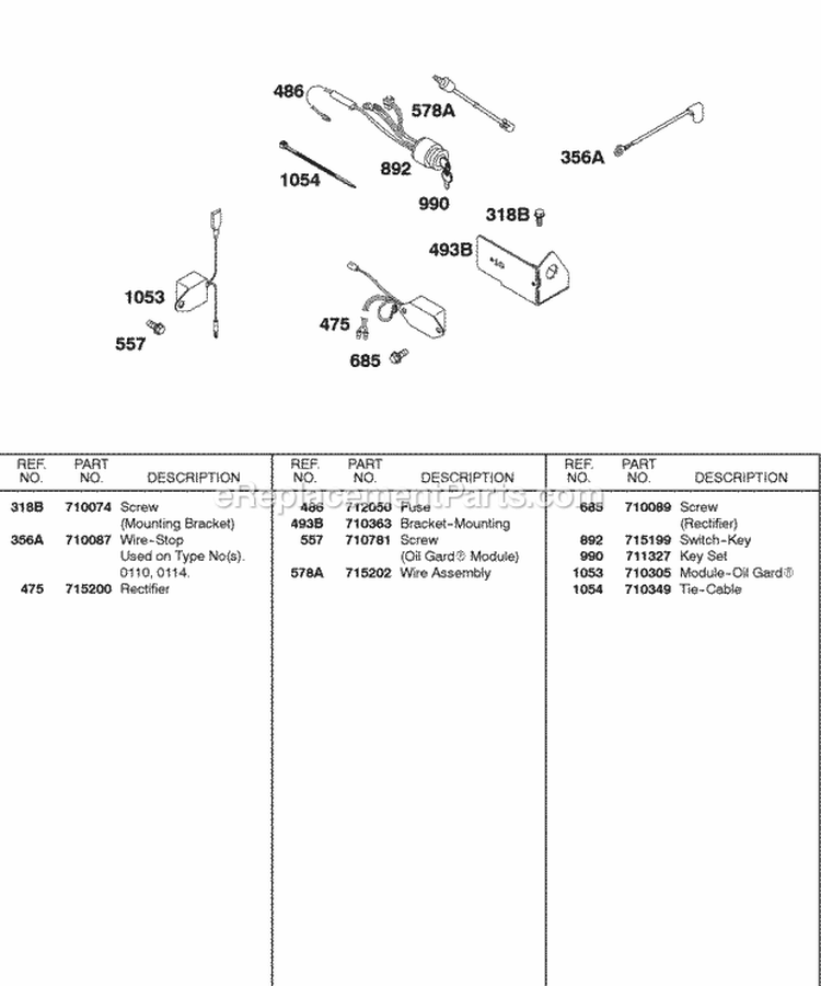 Ignition Oil Sensor Group Diagram and Parts List for 187432-0110-E1  Briggs and Stratton Engine